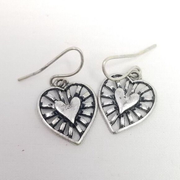 Vintage Silver Tone Dangle Heart Earrings, Radiant Puffy Design, Estate - Picture 5 of 6